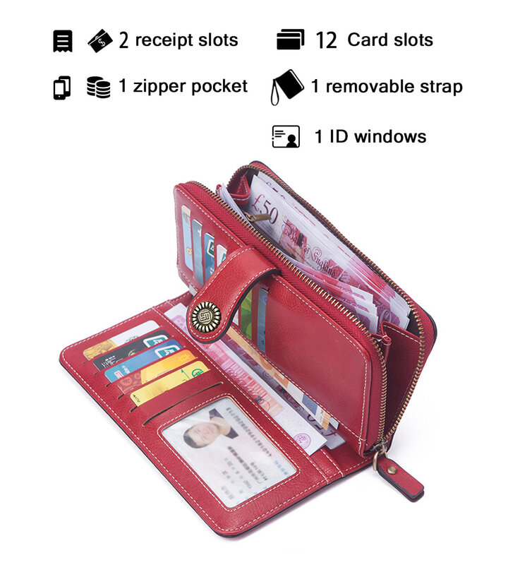 Большой кожаный женский кошелек с 12 слотами для карт, кошелек для женщин с молнией и съемным ремешком