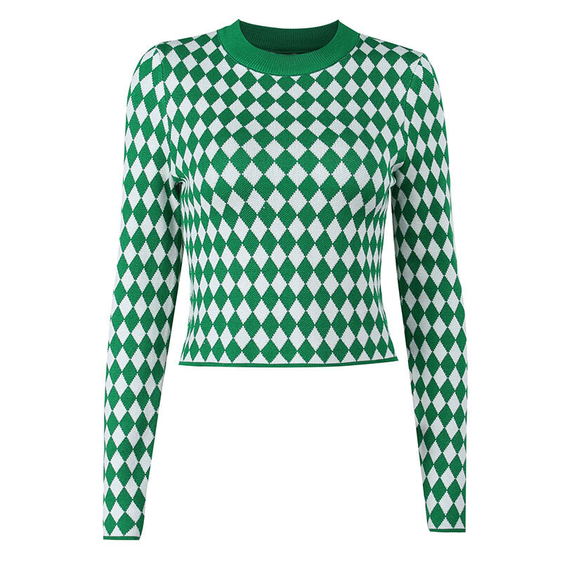 Two-color Diamond Plaid Woolen Top Pure Lust Style Round Neck Slimming Short Knitwear Trend
