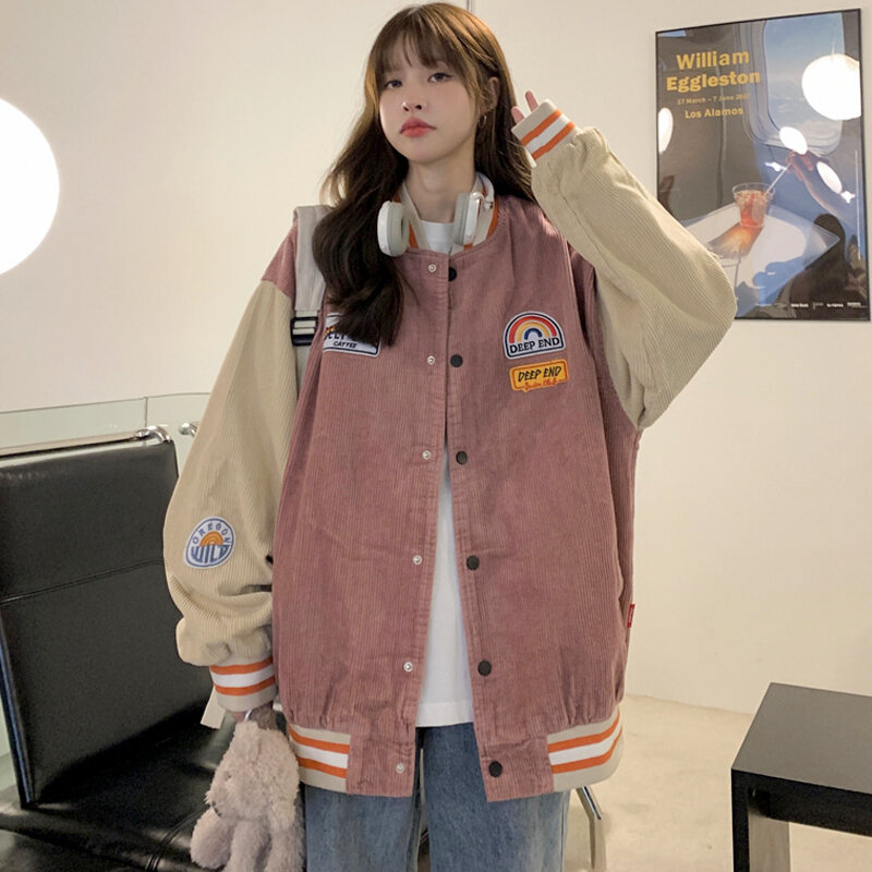 Jaket Bisbol Wanita Musim Gugur Atasan Streetwear Seragam Kaus Bomber Longgar Korea Cetak Saku Longgar Kasual Harajuku