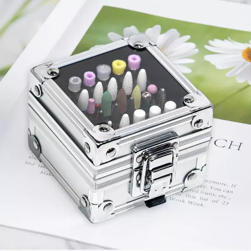 25 Holes Nail Drill Grinding Bit Holder Box Display Storage Container Nail Polishing Head Stand Metal Organizer Case