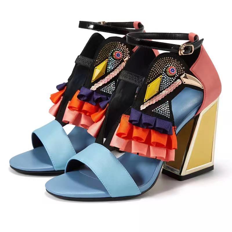 【JOCHEBED HU】New Designer High Heel Shoes Women Summer Sandals Ruffles Bird Decor Party Rhinestone Chunky Novelty 33-44
