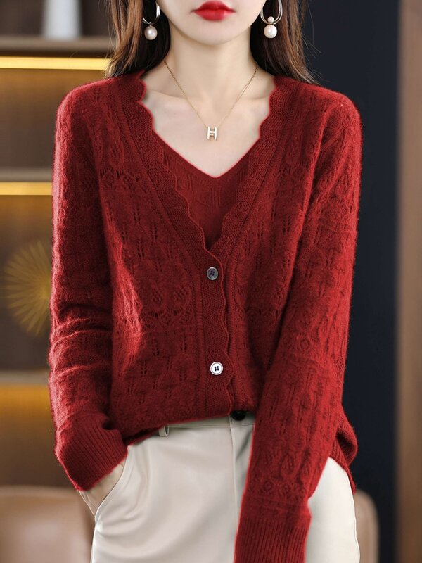 Cárdigan de lana para mujer, suéter calado de manga larga con cuello en V, abrigo de lana salvaje, versión coreana, Otoño e Invierno