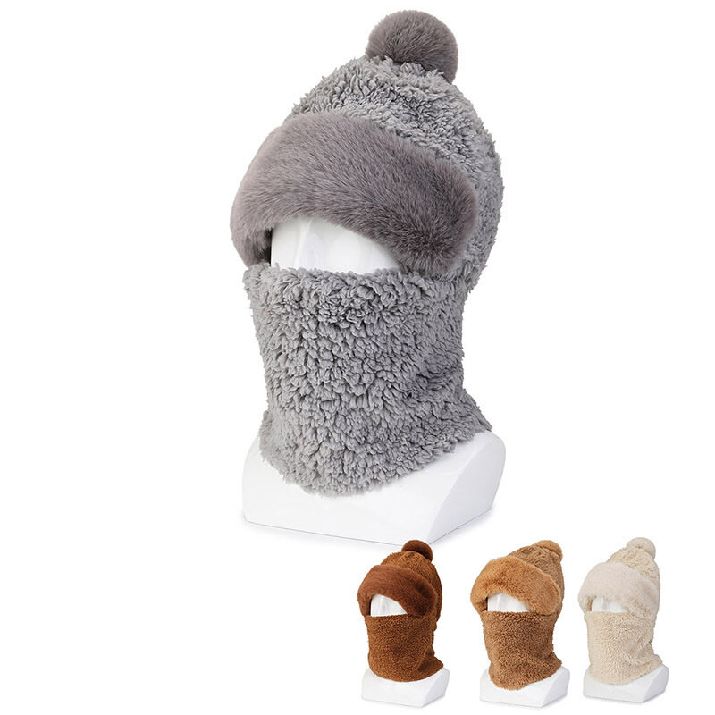 Gorro de inverno feminino chapéus de malha balaclavas máscara definir chapéu de inverno cachecol máscara de esqui quente chapéu de neve com pompom