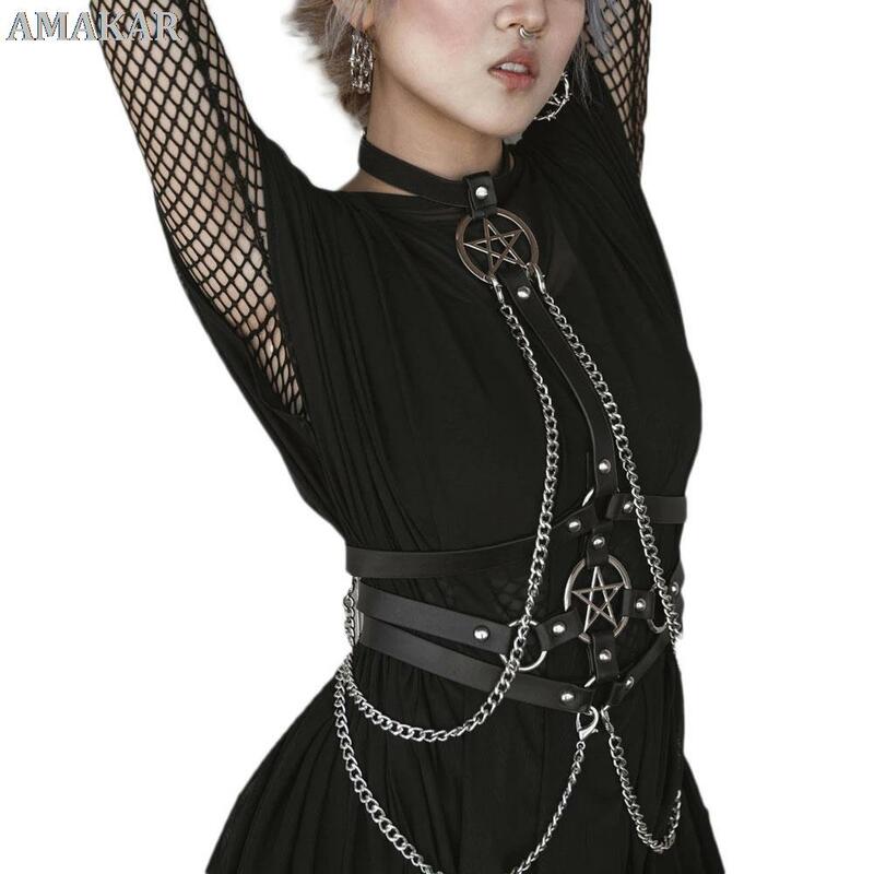 Punk mulher acessórios cinto de cinto de corrente moda feminina festival roupas pentagrama corpo sexy ligas para goth