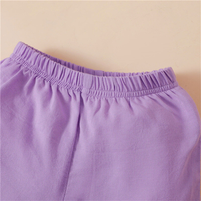 2 peças conjunto de roupas meninas floral impressão manga curta puff plissado topos + cor sólida shorts roupas para 6 meses-3 anos roxo