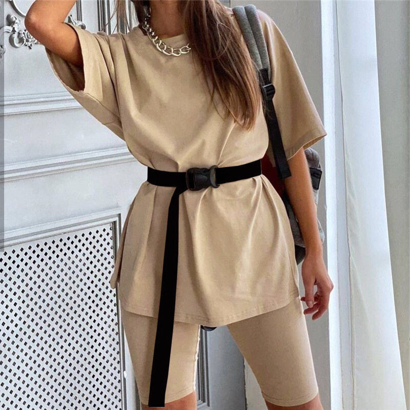 2020 nova casual sólido duas peças terno feminino com cinto cor sólida casa solto esportes moda lazer terno roupas de verão