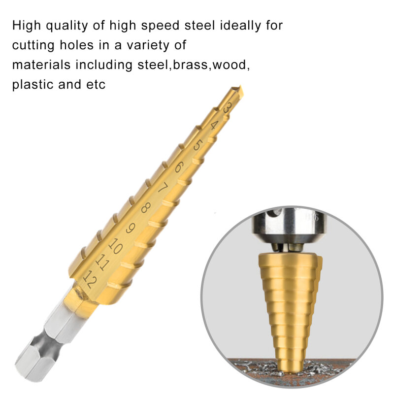 금속 드릴 HSS 육각 생크 스트레이트 그루브 4-12 3-12MM 작은 스텝 드릴 비트 콘 티타늄 코팅 목재 커터 목공 도구