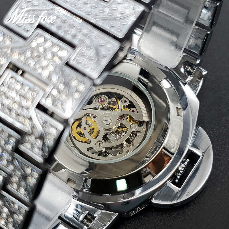 Iced Out Skeleton Mechancial Relógios Para Homens À Prova D' Água Relógio de Luxo Movimento Automático Grande Hip Hop Diamante ساعات ميكانيكية