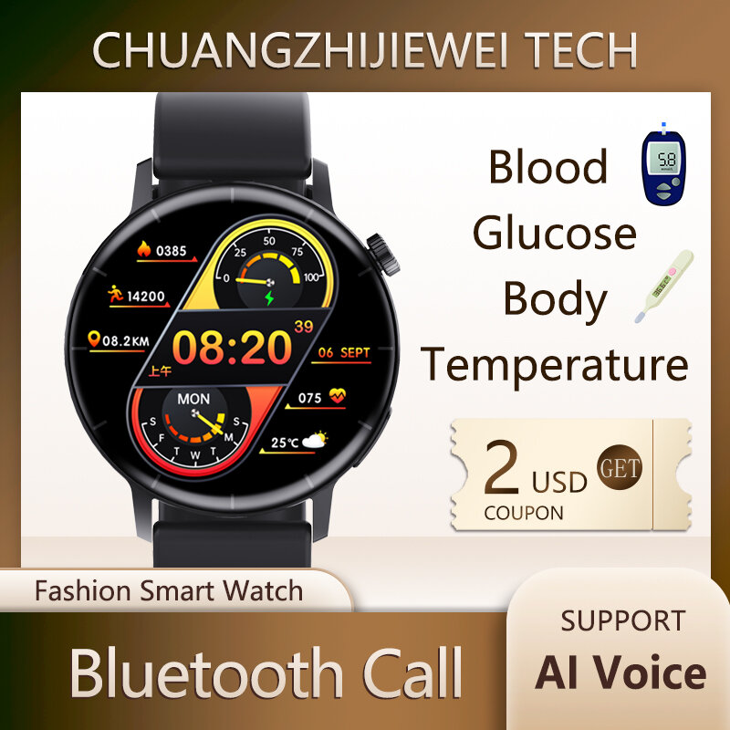 CZJW-reloj inteligente con control de la temperatura corporal, Smartwatch con control de la glucosa en sangre, rastreador de FItness, voz IA, para Android e IOS, 2022
