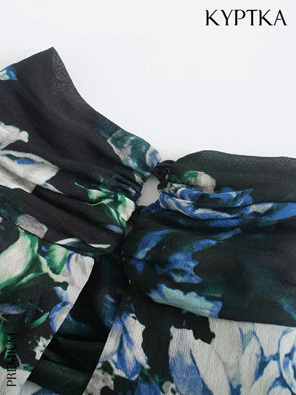 KYPTKA moda damska zebrane kwiatowy Print pół-sheer bluzki w stylu Vintage z długim rękawem boczny zamek błyskawiczny koszule damskie Blusas eleganckie koszule