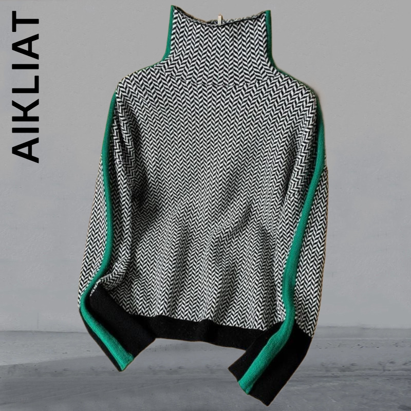 Женский свитер Aikliat с высоким воротником, модный вязаный популярный винтажный Топ, женская уличная одежда, дешевый вязаный свитер, шикарный ...