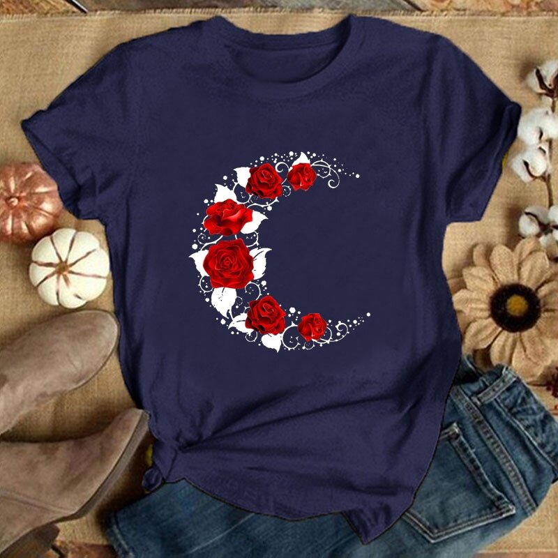 Летняя женская модная футболка с принтом красной розы и Луны, футболка для девочек с милым рисунком, Женский Повседневный Топ, футболка с цв...