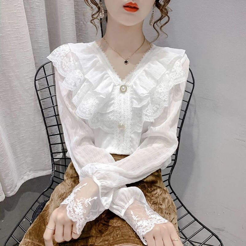Frühling und Herbst Neue Koreanische Mode Temperament Alle-spiel Casual V-ausschnitt Spitze Rüschen Chiffon Shirt Bluse Frauen