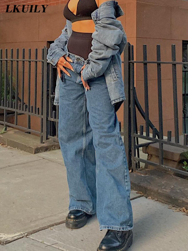 Jeans Kasual Wanita Mode Longgar Pakaian Wanita Celana Pinggang Tinggi Streetwear Celana Panjang Lurus Solid Estetika Longgar Kaki Lebar