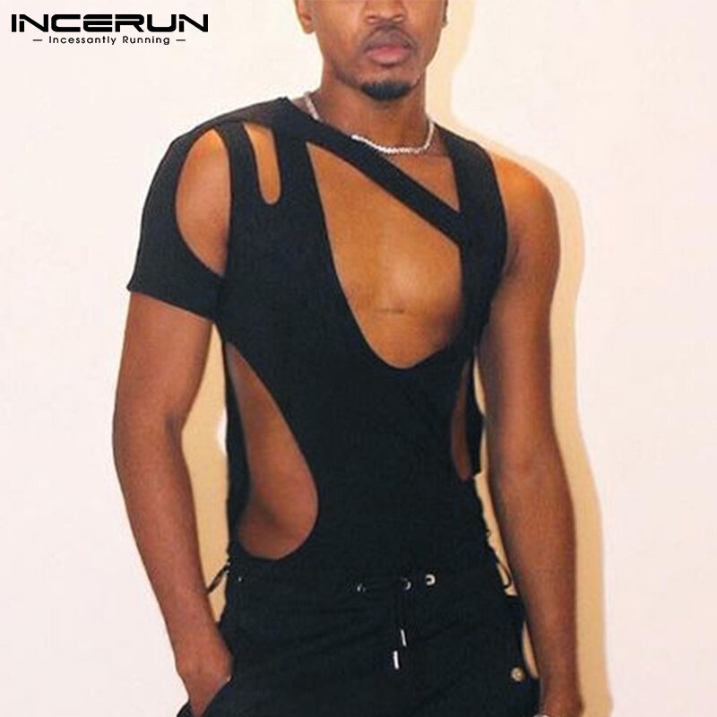 Удобная домашняя одежда INCERUN 2022, мужские комбинезоны с перекрестным дизайном, стильные мужские комбинезоны с вырезами, без рукавов, с U-образ...