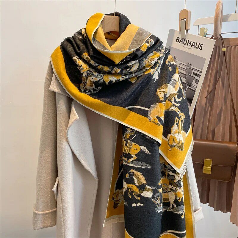 Luxo houndstooth inverno feminino cashmere cachecol design xales e envoltórios moda quente cobertor feminino grosso bufanda poncho echarpe