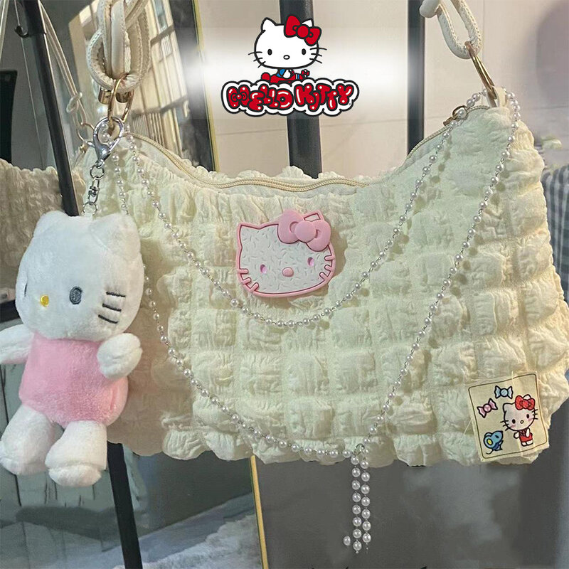 Sanrio-Bolso de hombro de Hello Kitty, bolsa de mano con cadena de perlas de Color de contraste, a la moda, paquete de gran capacidad, regalos