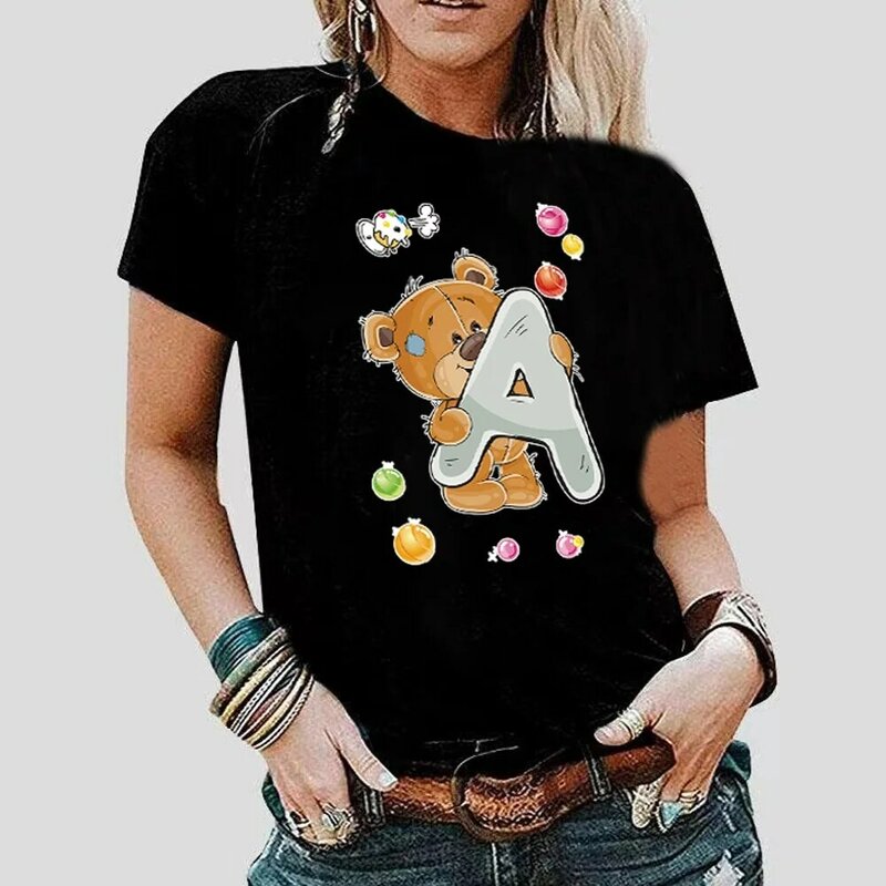 Camiseta de manga corta con cuello redondo para mujer, ropa holgada informal con estampado de letras de oso inglés, moda urbana para mujer, 26