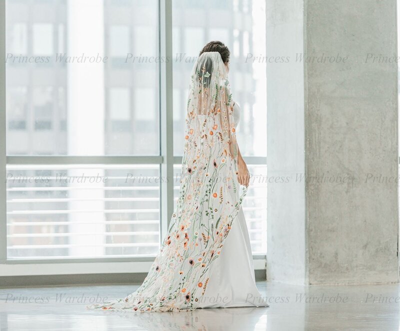 Velo de encaje de flores coloridas para novia, bordado Floral bohemio, cubierta de cara, velo de boda de catedral, accesorios de matrimonio