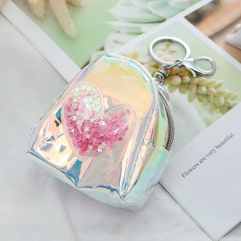 Women's Laser Love Heart Wallet Mini Handbags Lady Keychain Sequins Pink Coin Purse for Kids Girls Key Ring Pouch