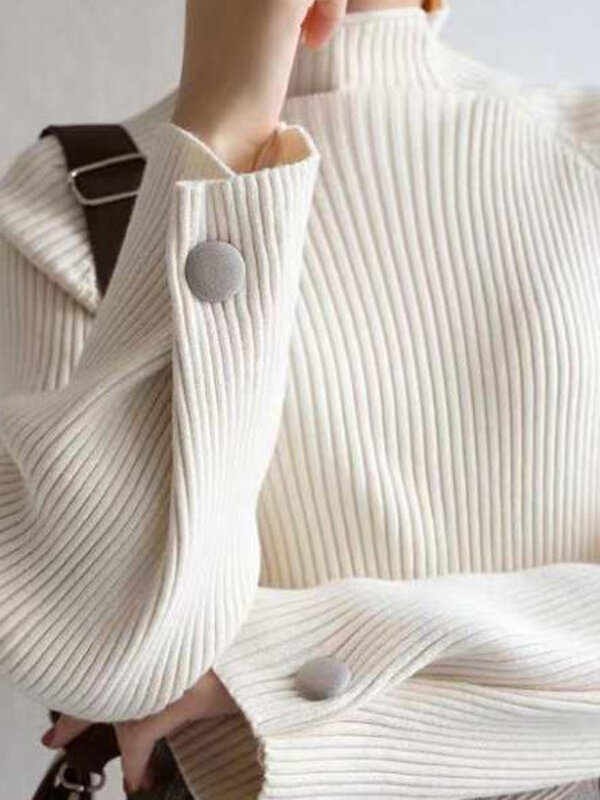 Sweter Turtleneck Wanita Musim Gugur Musim Dingin Sweter Sederhana Wanita Lengan Panjang Kancing Rajutan Pullover Atasan Mode Kasual Longgar