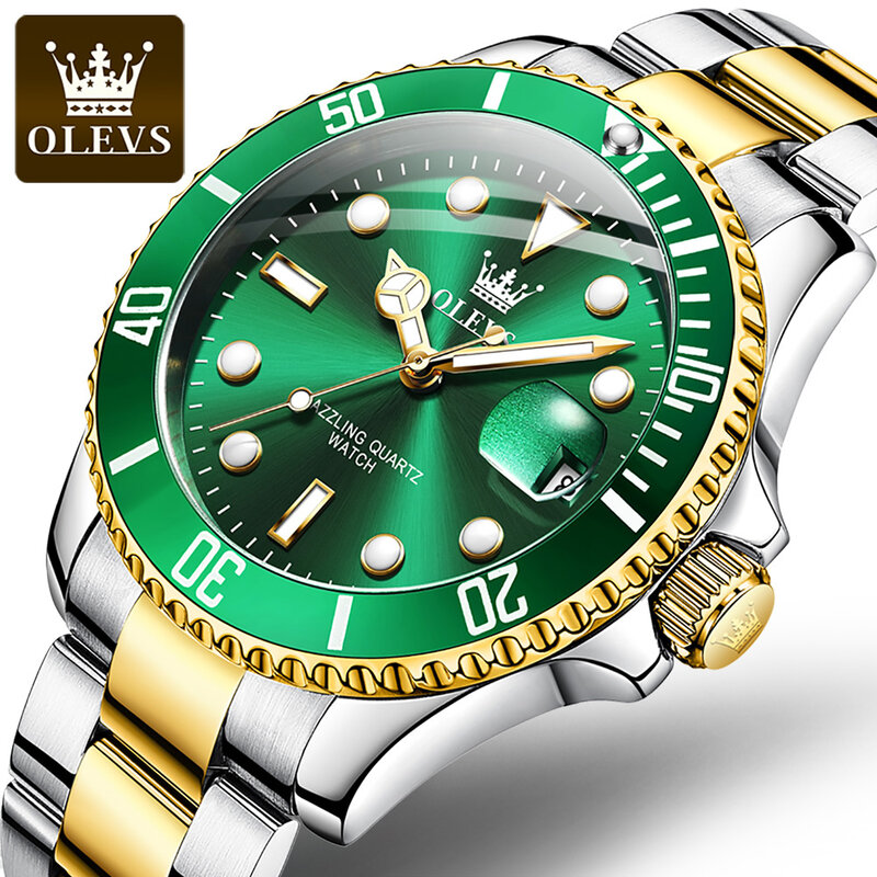OLEVS Quartz Business Men Wristwatch Stainless Steel Strap Submariner High Quality Waterproof Watch for Men Luminous Calendar