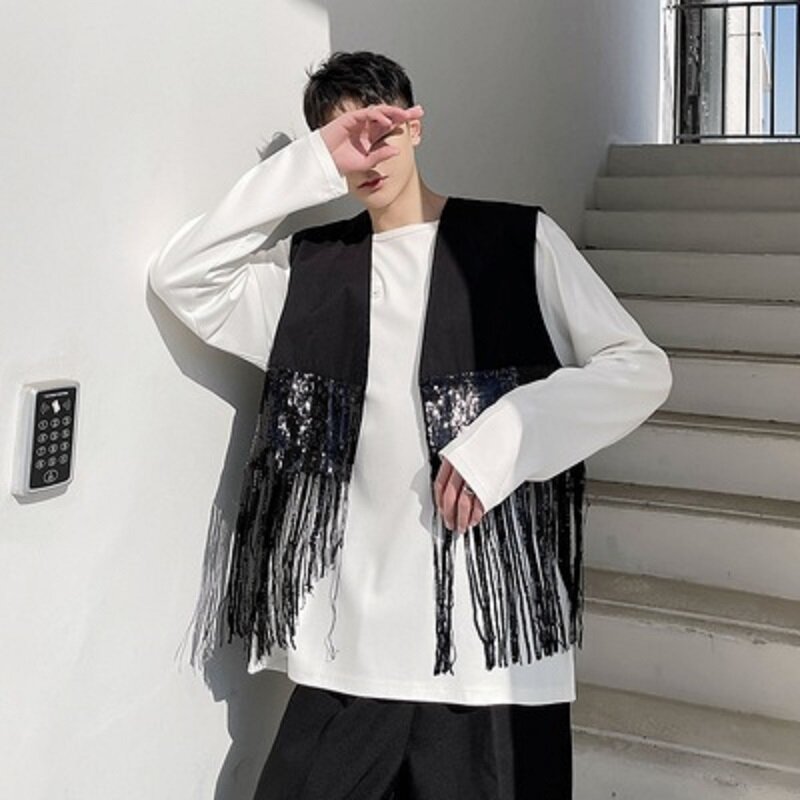 Mantel Tanpa Lengan Pria Muda Jaket Rompi Jahit Terbuka Antik Pria Pakaian Luar Rompi Kasual Rumbai Manik-manik Pakaian Pria Gaya Korea Hitam