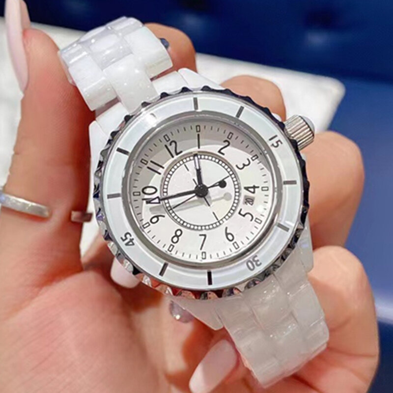 여성을 위한 최고 럭셔리 브랜드 세라믹 시계 다이아몬드 달력 다이얼 33mm 38mm, 여성 패션 쿼츠 시계