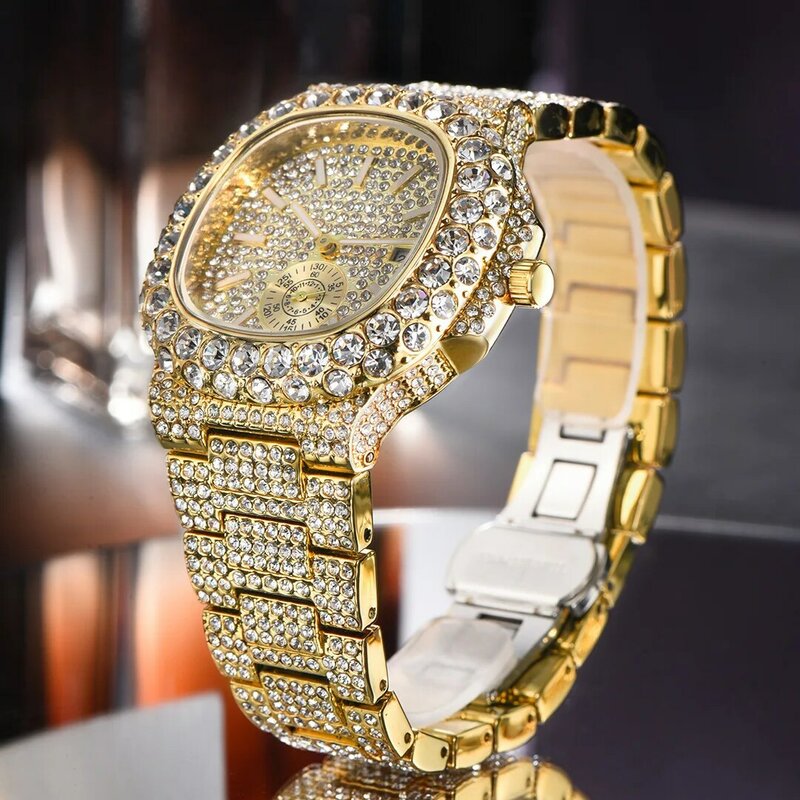 Hip Hop Iced Out zegarek dla mężczyzn luksusowe w pełni błyszczące diamenty męskie zegarki kwarcowe zegarek wodoodporny 18K złota Relogio Masculino