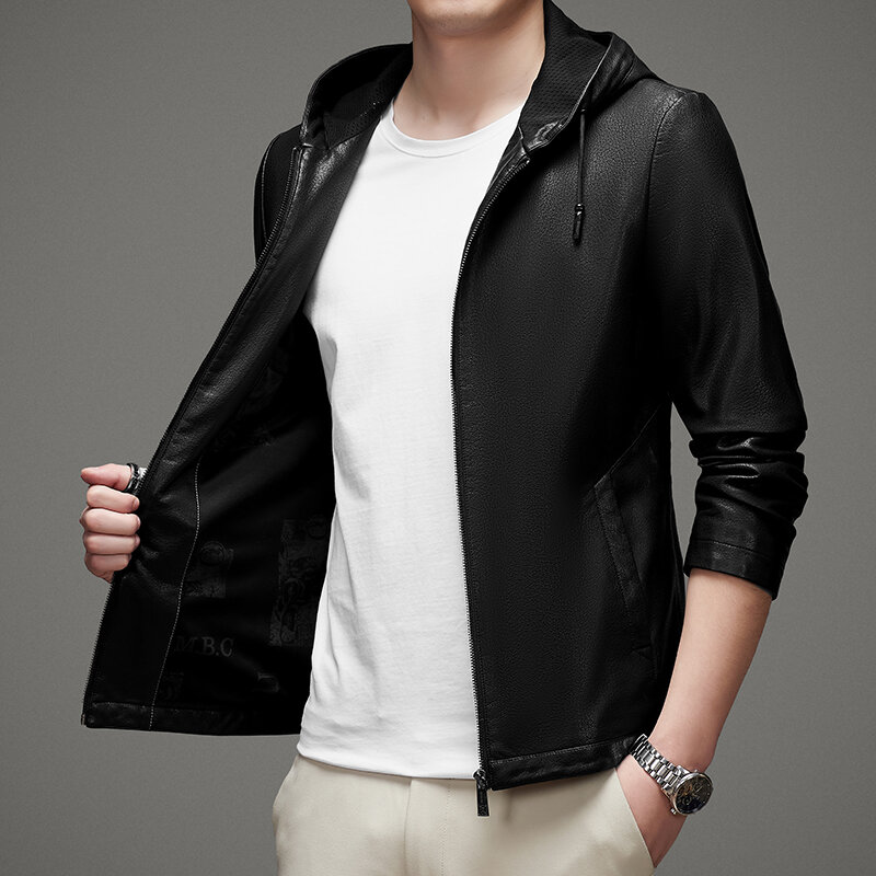 Кожаная мужская куртка с капюшоном Haining Корейская версия тонкая Красивая Короткая кожаная куртка повседневная трендовая куртка