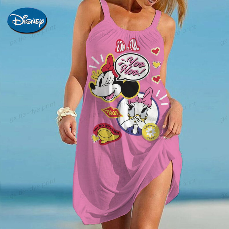 Gaun pantai longgar musim panas selempang 2023 gaun wanita gambar kartun Mickey seksi tanpa lengan Motif Disney Minnie Mouse gaun elegan Boho