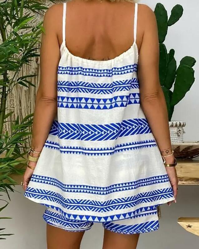 Summer 2 Piece Outfit Vintage Tribal Print Tassel Cami Top Shorts Set Sexy Sleeveless Vest Suit Elegant Beach Daily Streetwear