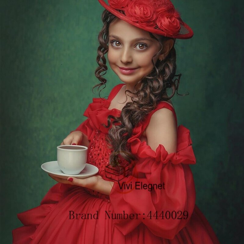 Romantyczny czerwony sukienki dla dziewczynek kwiatowy z pełnym rękawem Spaghetti z cekinami fuffle suknie na przyjęcia weselne 2023 kolan z cekinami