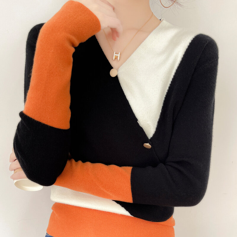 Cárdigan falso con cuello en V, jersey de manga larga con bloqueo de Color, ajustado, a la moda, primavera y otoño, novedad de 2022
