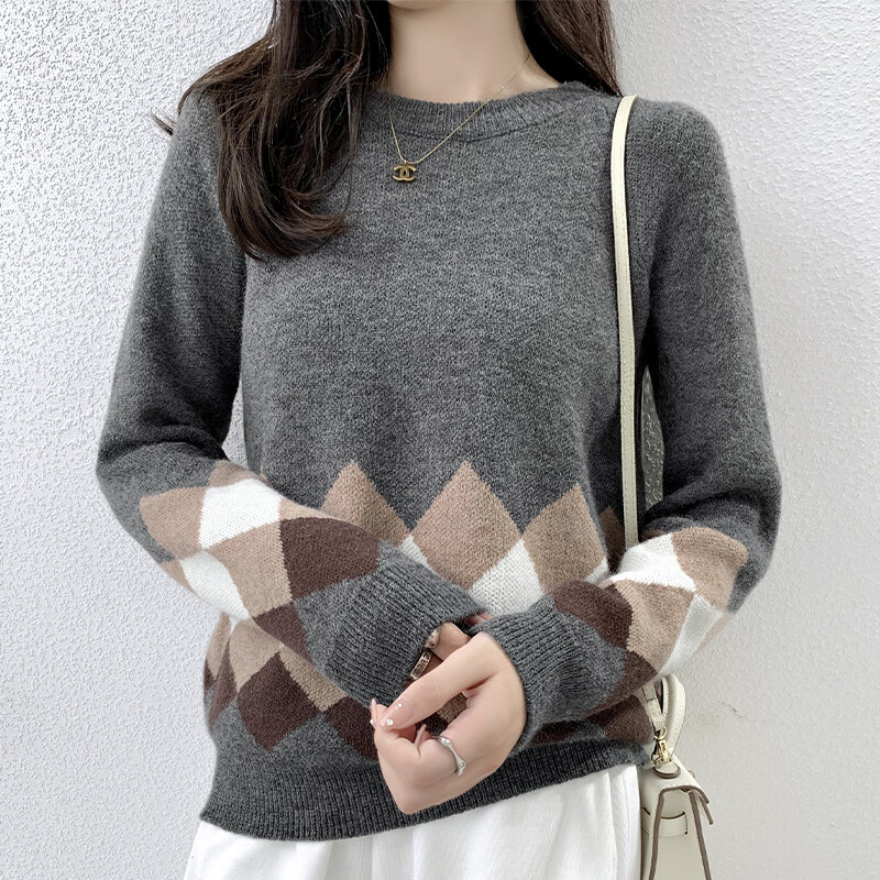 Suéter grueso de cuello redondo de Jacquard para mujer, suéter de lana de manga larga informal, suelto, corto, otoño e invierno, nuevo