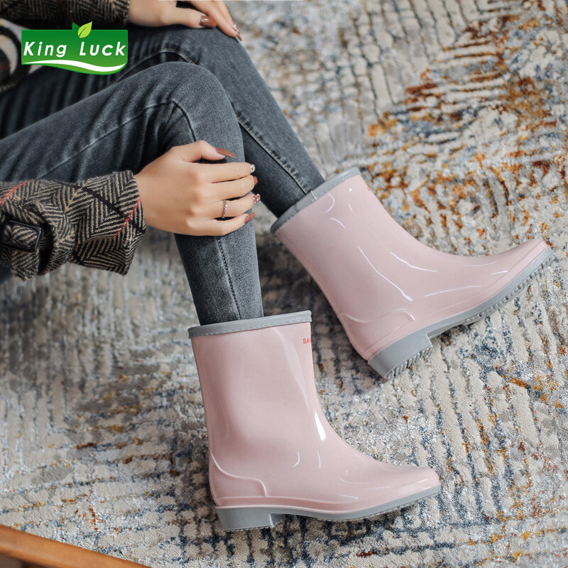 0.9kg KingLuck Women Rain Boots Rubber Slip-on Shoes For Girls Water Waterproof Female Plastic Ladies Mid-Calf Woman Pink BOOT