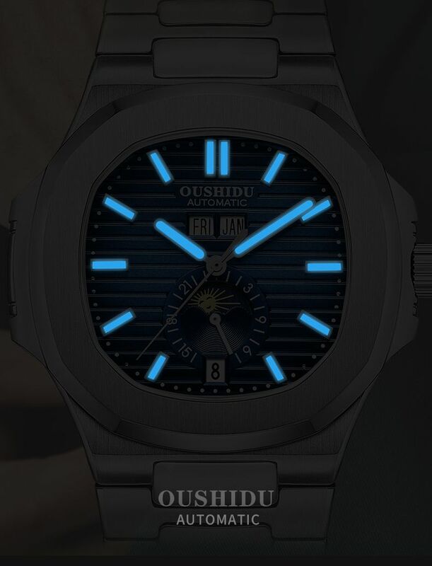 แฟชั่นผู้ชายธุรกิจนาฬิกาสแตนเลสสตีลนาฬิกาข้อมือบุรุษนาฬิกามัลติฟังก์ชั่นาฬิกาดวงจันทร...