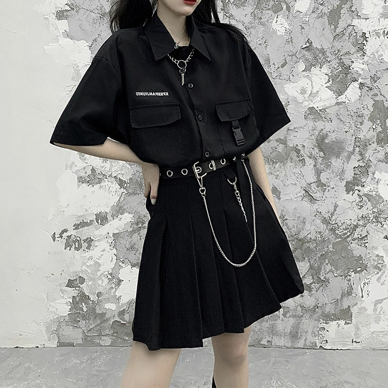 Skirt Suit for Women Dark Wind Gothic Clothes Punk Belt Chain High Waist Jk Set Mini Pleated Skirt Y2k Met Cute Harajuku Version