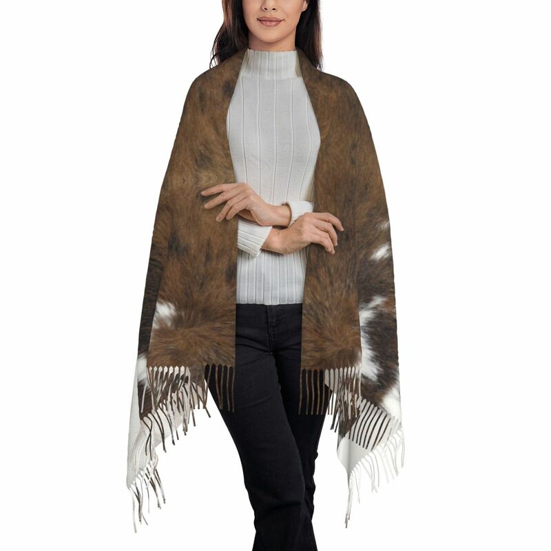 Bufanda de textura de piel de vaca simulada para mujer, chal largo de invierno cálido con borlas, chal Unisex