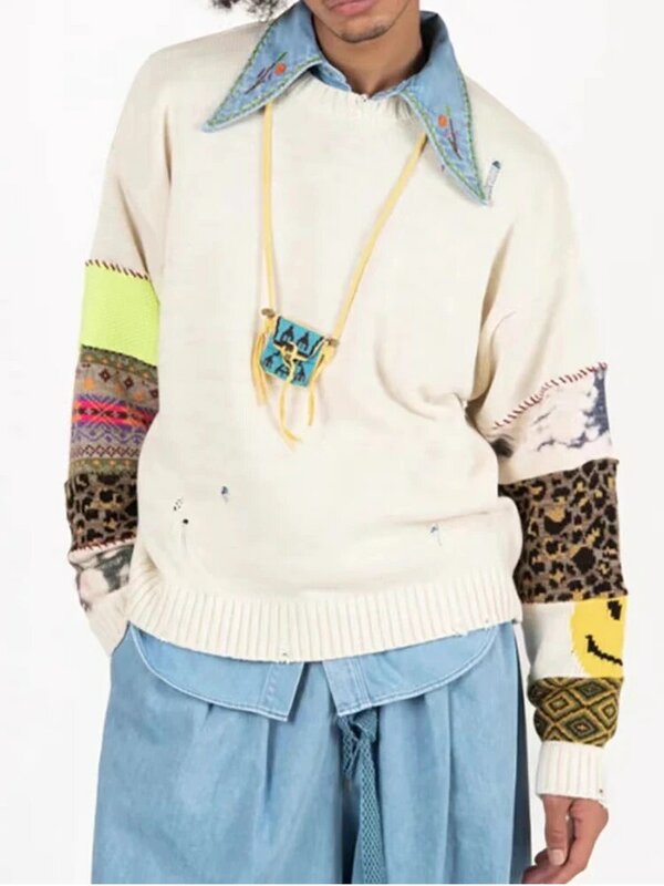 Camisola masculina com gola redonda, patchwork perfurado, suéter unissex, tops de manga comprida, pulôver de malha