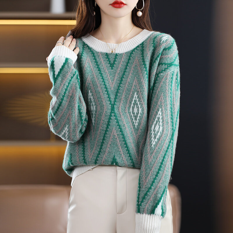 Sweter Pullover Rajutan Wol Cocok Warna Sweter Wanita Longgar Angin Malas Menebal Desain Atasan Korea Rasa Sweter Minoritas
