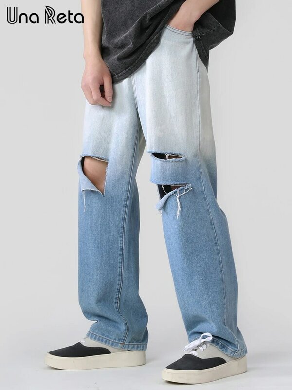 Una Reta Holes Men Jeans New Hip Hop Denim Men's Pant Jean Streetwear Harajuku Straight Gradient Couple Trousers Jeans