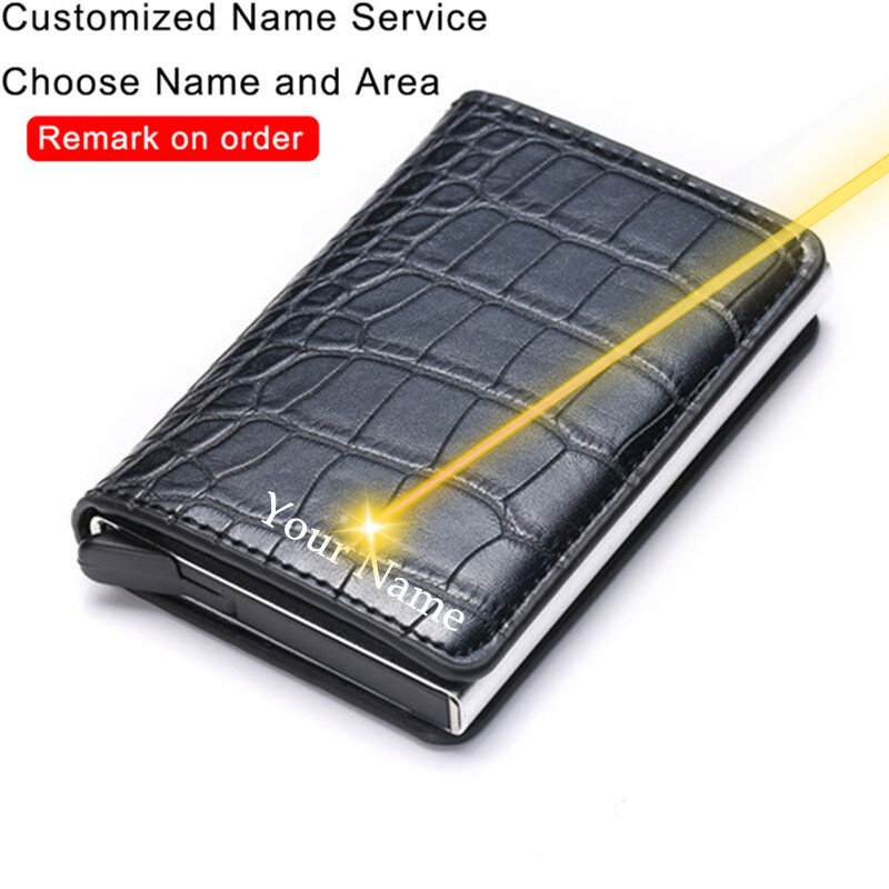 Bycobecy-tarjetero personalizado para hombre, billetera de cuero con caja de aluminio RFID, tarjetero inteligente con Clip para dinero