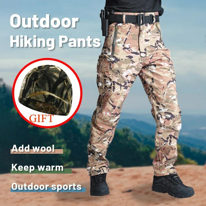 방수 남자 위장 하이킹 전술 바지, 두꺼운 겨울 소프트쉘 야외 스포츠 자연 캠프 카고 군사 등산 바지