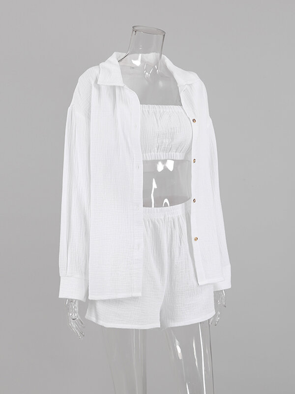 Hiloc-Conjunto de pijama de algodón 100% para mujer, ropa de dormir de manga larga, Tops cortos holgados de cintura alta, traje de Casa de 3 piezas