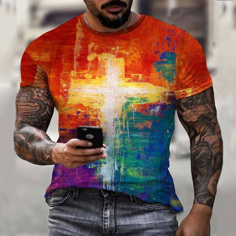 ฤดูร้อนใหม่สีเปลี่ยนสีสัน Graffiti พระเยซูครอสชายเสื้อยืดสบายๆ3D ผู้ชายแฟชั่นแขนสั้น0