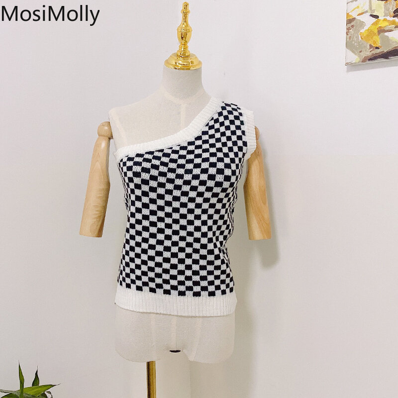 MosiMolly-검정색 격자 무늬 스웨터 조끼, 여성 원 숄더 자카드 스웨터 풀오버, 민소매 니트 탑