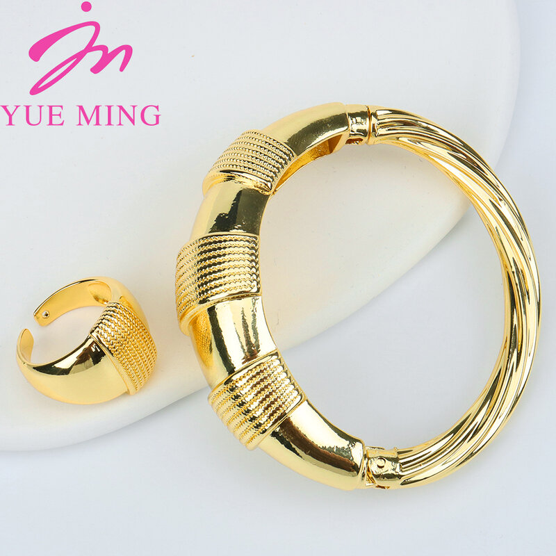 Conjunto de 2 anillos y pulsera de piezas para mujer, joyería chapada en oro y plata de Dubái, conjunto de lujo a la moda para fiesta, aniversario de boda, brazalete de uso diario