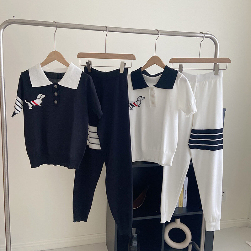 Wysokiej jakości koreański styl Spot 2023 lato TB szczeniak koszulka Polo z krótkim rękawem koszulka żakardowa + codzienna zestaw spodni sportowa