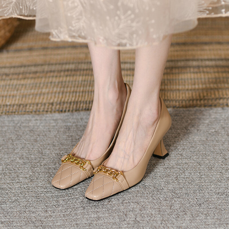 Женские туфли-лодочки из натуральной воловьей кожи 22-2022 см, полностью кожаные туфли с квадратным металлическим носком и ромбовидной решетк...